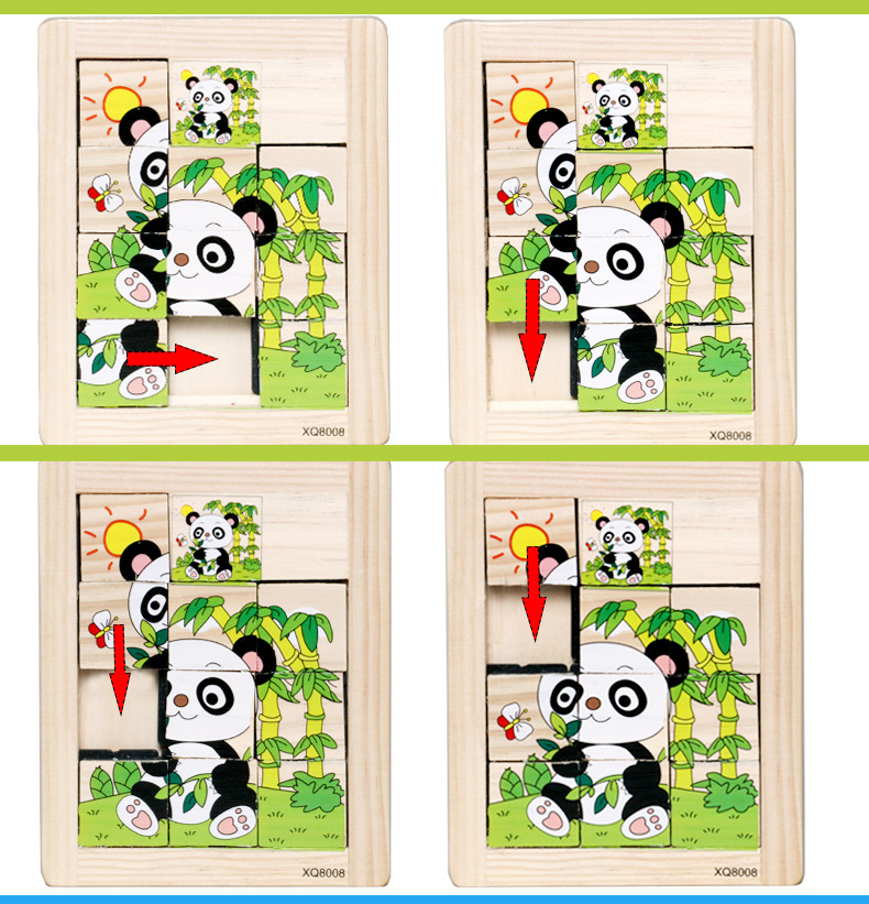 儿童九宫格滑动拼图游戏 木质早教益智力闯关玩具 卡通动物拼图