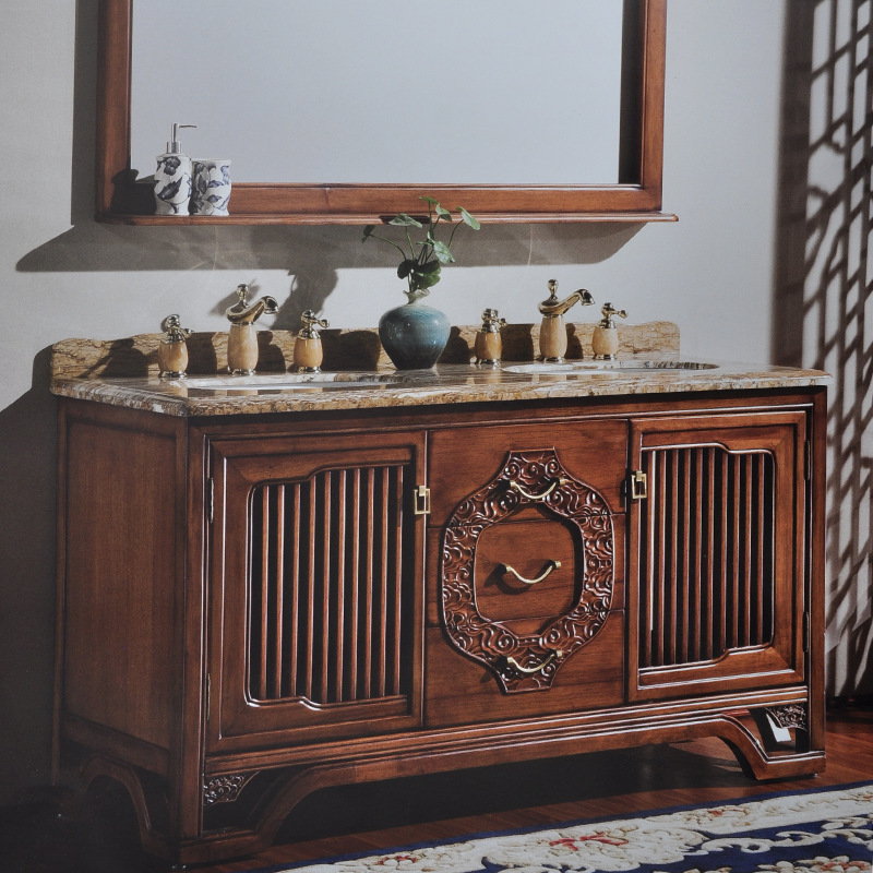 厂家批发新中式浴室柜楸木落地洗手台洗脸盆实木仿古卫浴柜组合