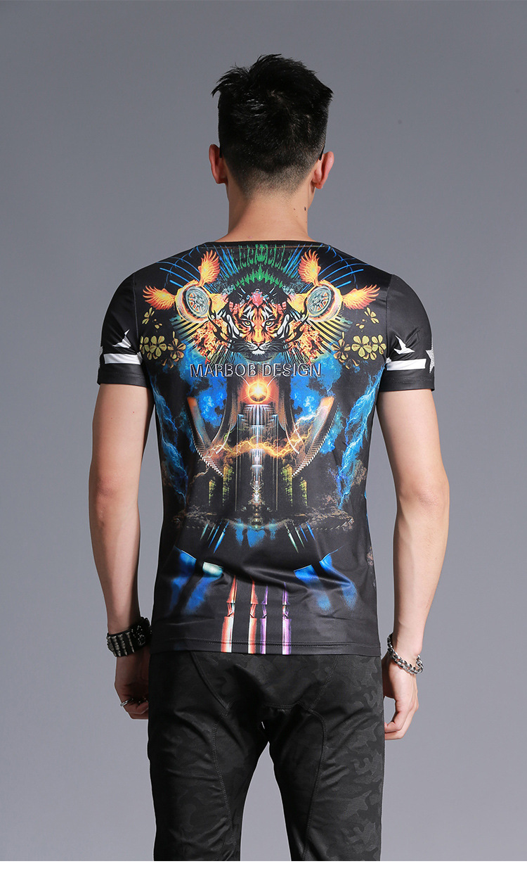 淘佰叶夏季中国风印花圆领短袖潮牌男装修身个性t恤小衫男1196