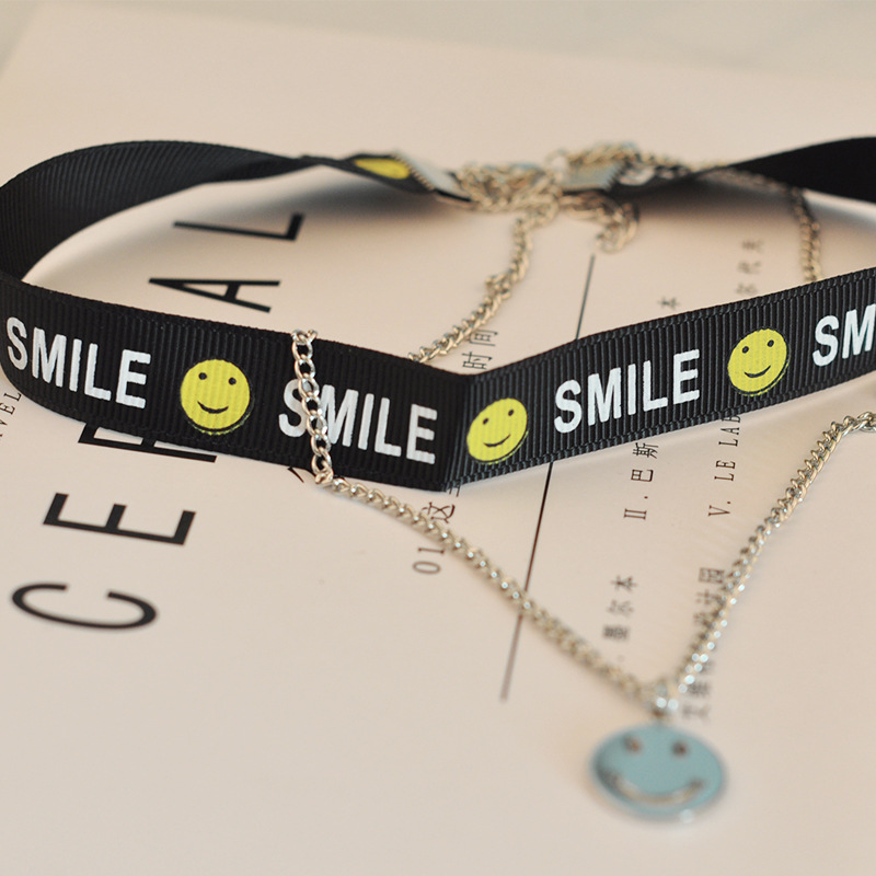 n269 权志龙笑脸字母金属双层链条项链锁骨颈带个性颈链