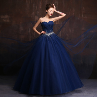 婚纱礼服2015新款抹胸长款宴会钻饰蓝色晚礼服演出服新娘敬酒服冬
