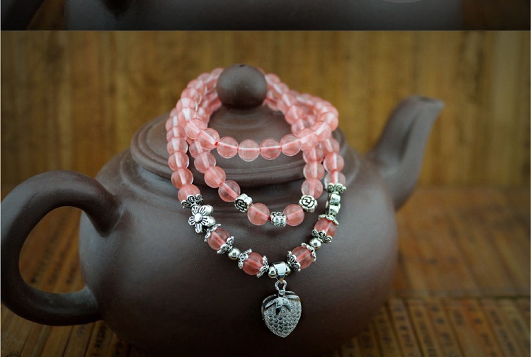 批发西瓜红石镶锆石时尚草莓三层手链 多圈女款饰品 草莓小吊饰