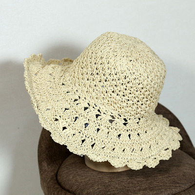 韩国夏季新款手工编织钩针大沿草帽波浪花边独家出游沙滩太阳帽女