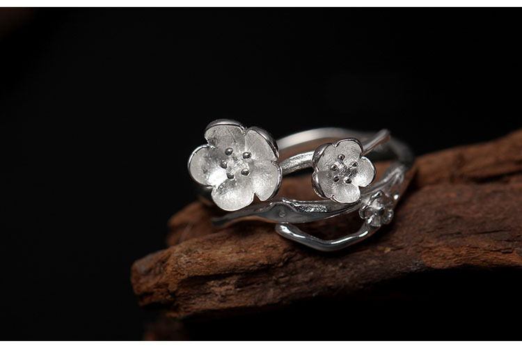 2020设计款s925银唯美花朵开口指环女古典民族风梅花淑女气质戒指