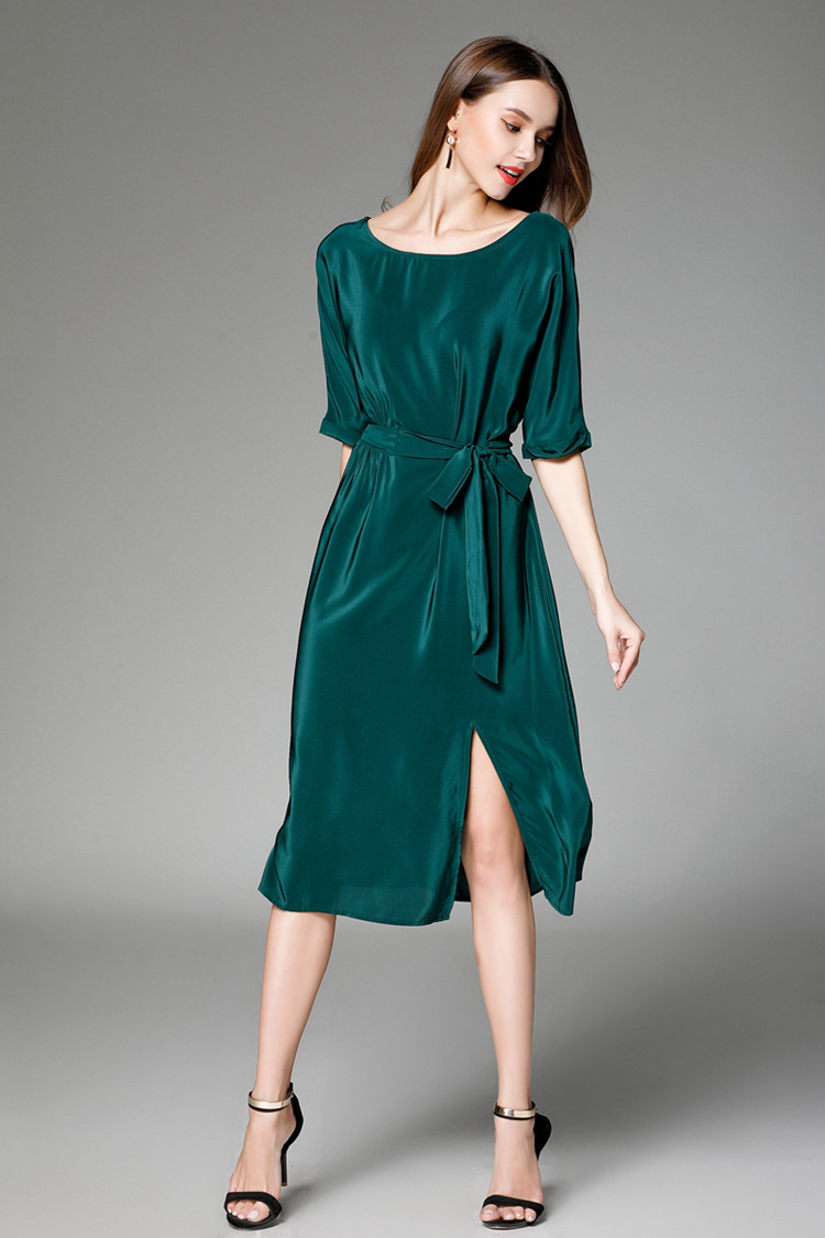 2017夏季新款重磅真丝连衣裙 五分袖系腰带桑蚕丝宽松显瘦长裙