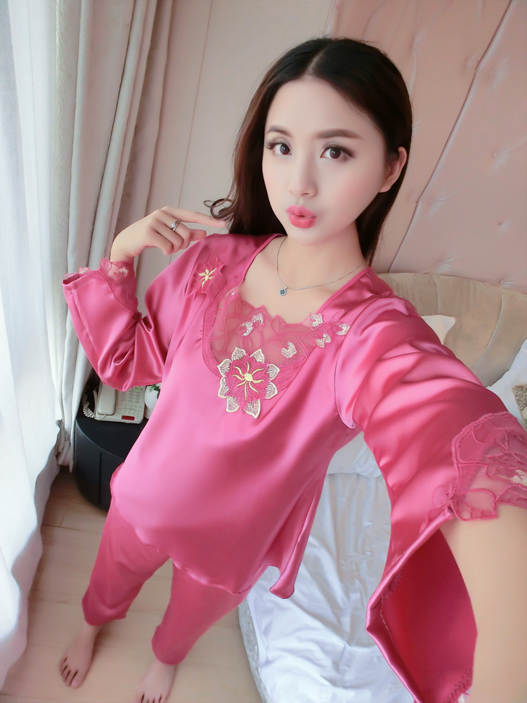 2018春夏季新品高贵花边新款仿真丝睡衣女士家居服长袖套装女