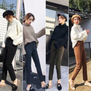 2017秋冬新款女裤韩版宽松休闲九分哈伦裤毛呢直筒萝卜裤子女冬装
