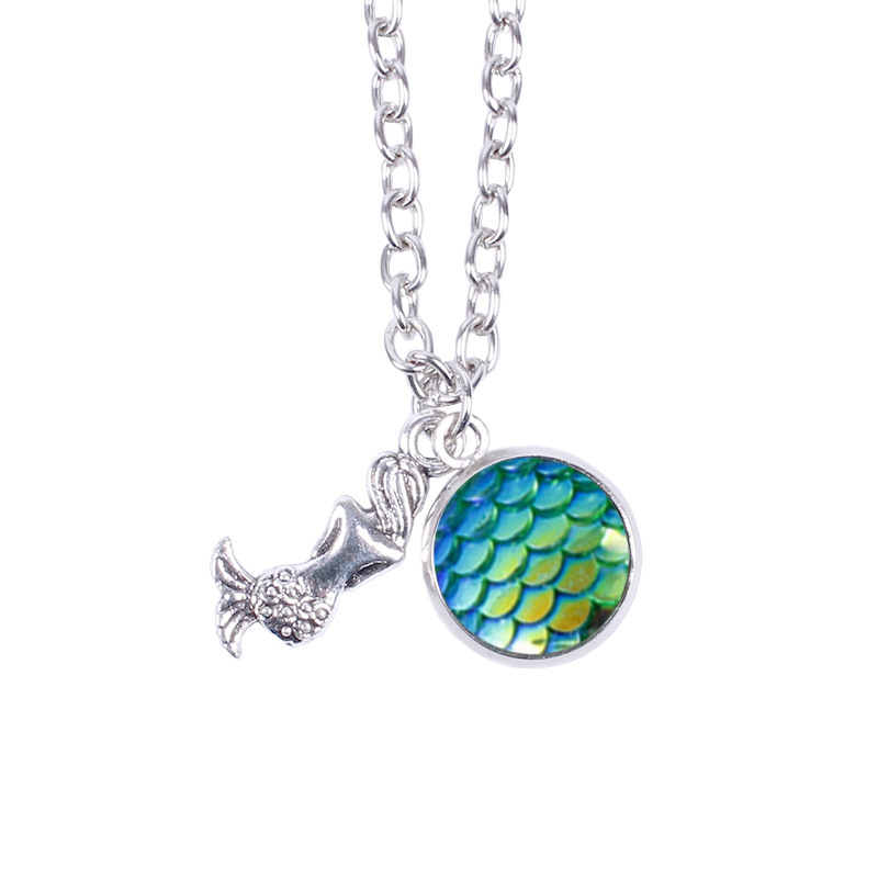 12色美人鱼时光宝石鱼鳞面吊坠项链 鱼鳞片幻彩宝石平底钻 现货