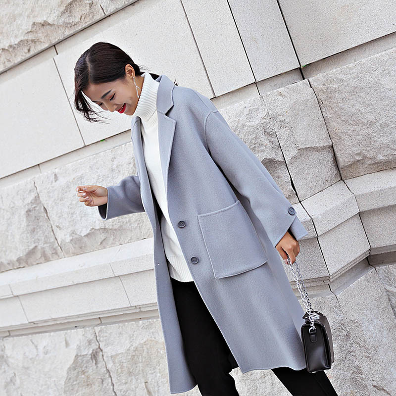 2017雾霾灰中长款双面绒毛呢大衣