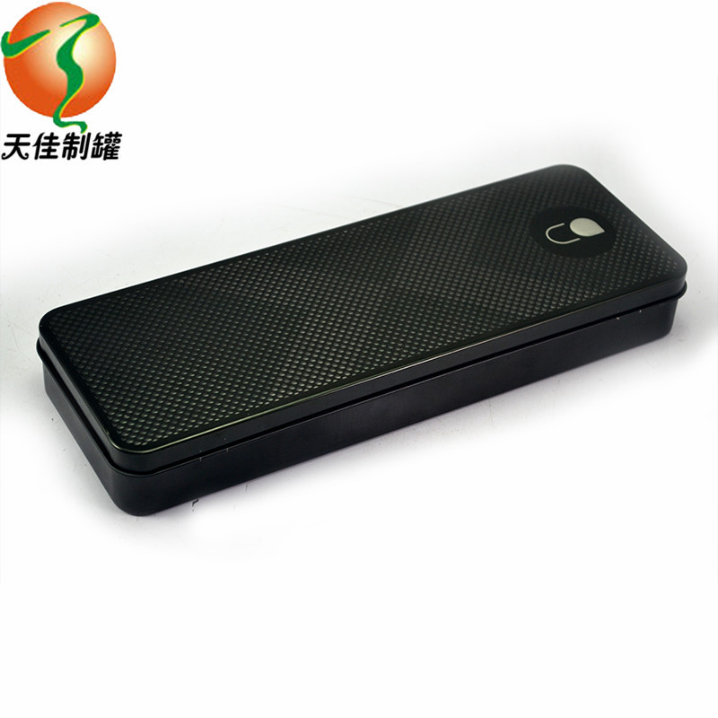 厂家直销带铰链马口铁盒子长方形凸印哑黑礼品盒连体翻盖铁盒