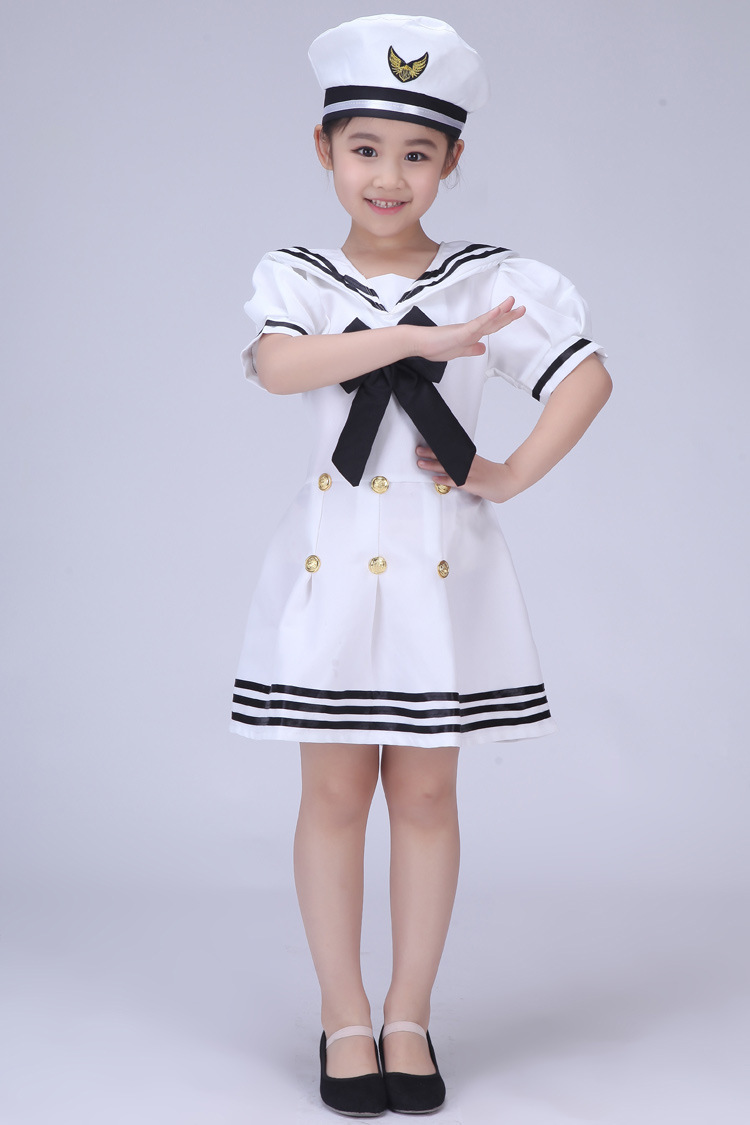 新款幼儿军装儿童白色海军服男女水手表演服装军帽兵娃娃演出服