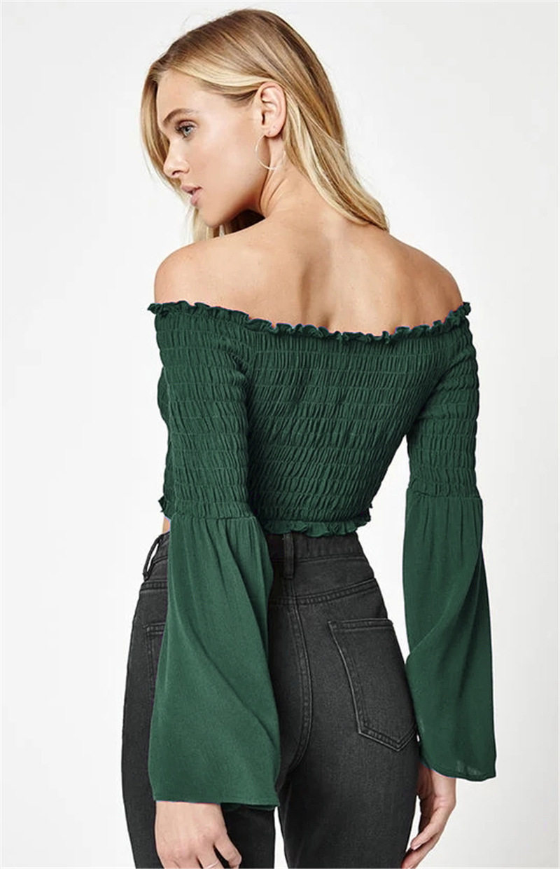 2017亚马逊秋季爆款性感一字领露肩喇叭袖雪纺衫