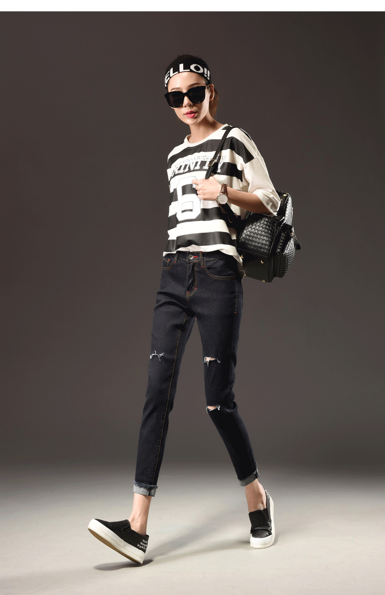 大码女装蓝黑色牛仔裤破洞卷边弹力九分裤