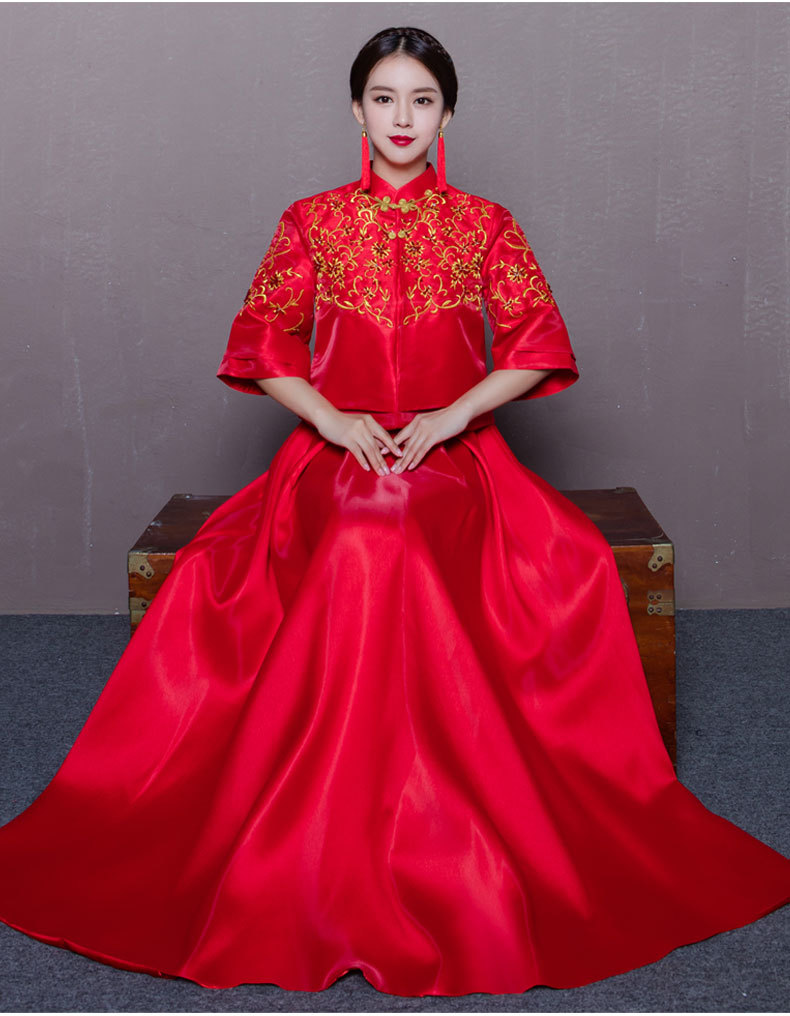 秀禾服结婚旗袍中式婚纱礼服红色旗袍长款龙凤褂新娘结婚敬酒服女