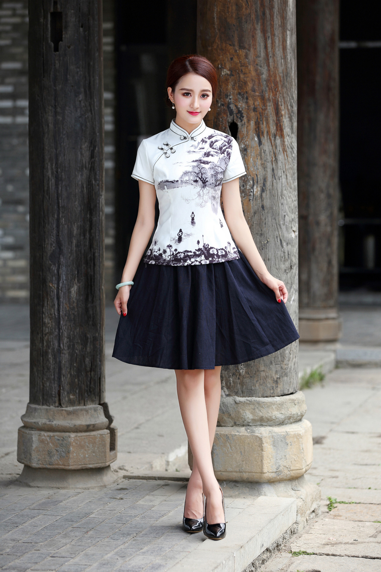 夏季新款女士改良旗袍新款文艺水墨画唐装短袖上衣厂家批发