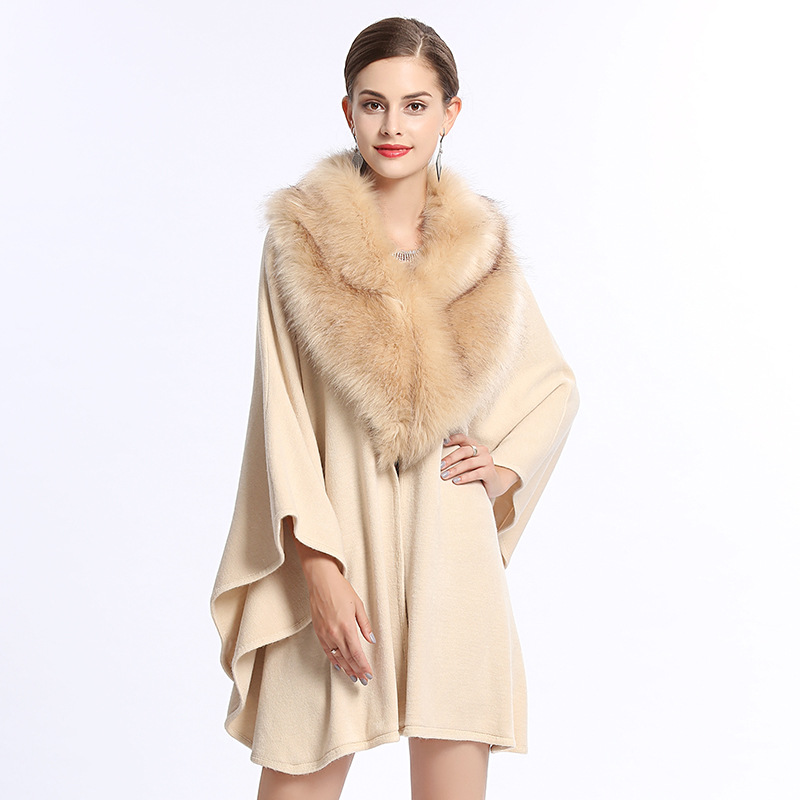 1168# European and American Style Autumn and Winter New Imitation Fox Fur Big Fur Collar Loose Oversized Knit Shawl Cape Knitwear