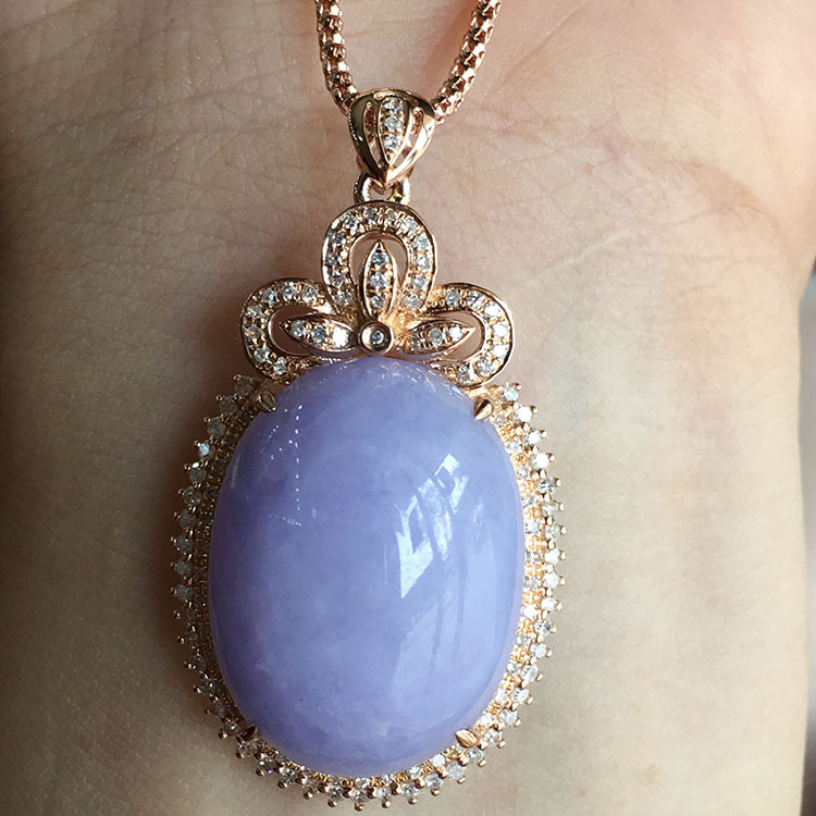 缅甸天然翡翠玉a货 18k玫瑰金钻石镶嵌冰种紫罗兰玉吊坠 送证书