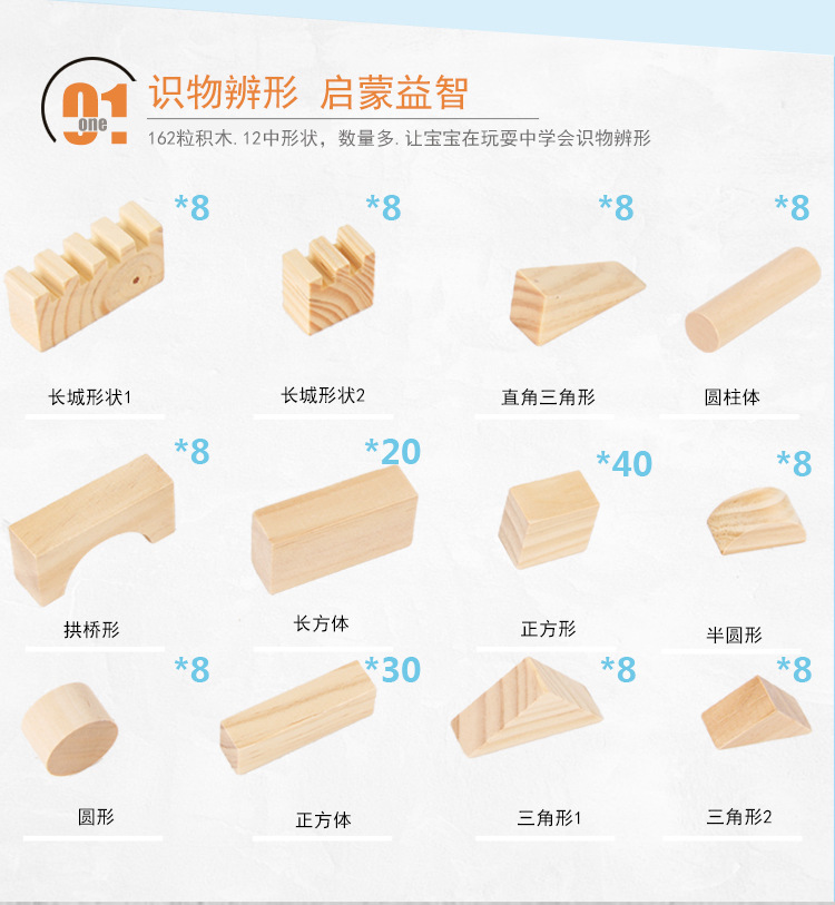 儿童益智玩具 162粒原木色积木城市主题形状认知木质玩具厂家批发