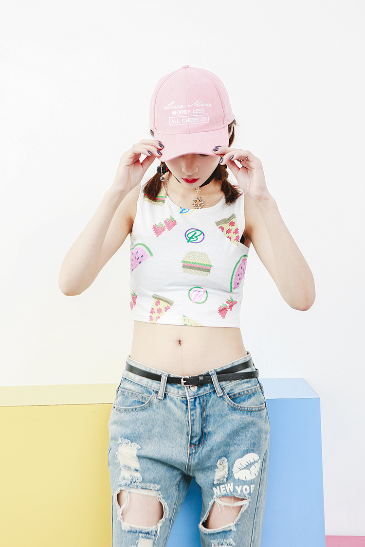 新款原宿西瓜超短款修身露脐露腰弹力打底无袖背心女 t2690