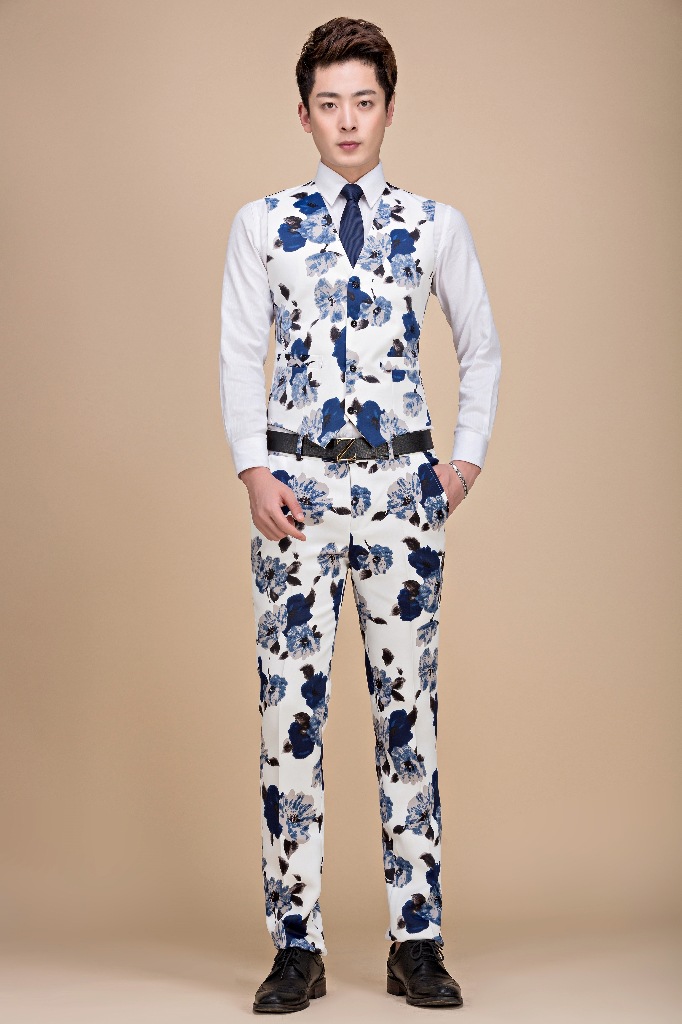 新款印花男士西服套装蓝花韩版花西服司仪夜店我是歌手演出服饰