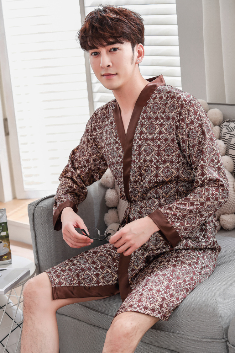 男士睡袍春秋季长袖仿真丝浴衣男帅气高端睡袍丝绸浴袍一件代发