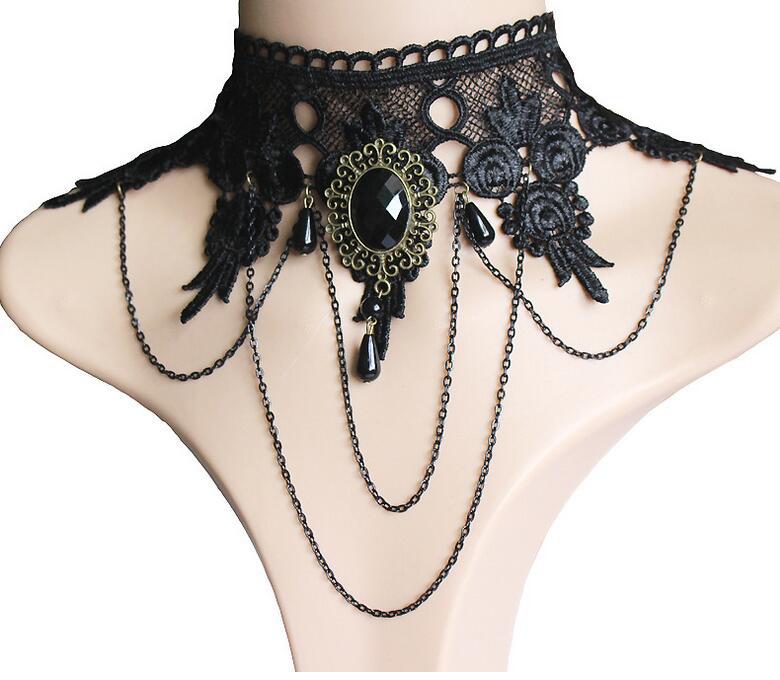 European and American Punk Wide Necklace Black Lace Necklace Banquet Dress Exaggerated Tassel Pendant Clavicle Chain Female Wholesale