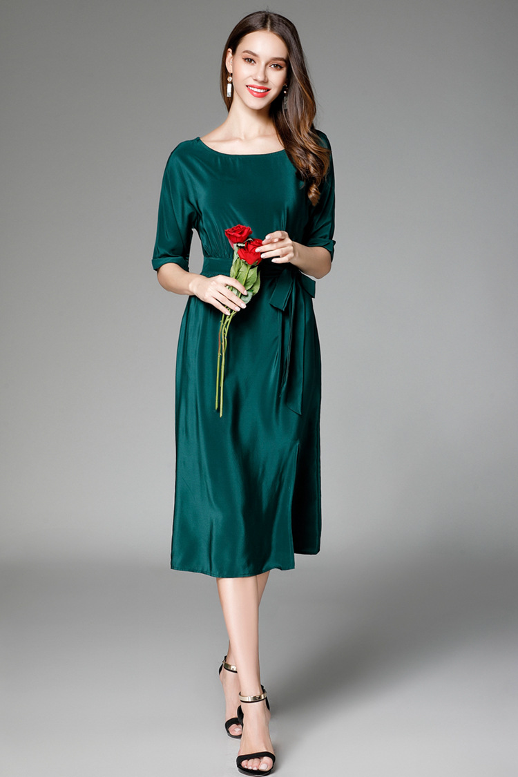 夏季新款重磅真丝连衣裙 五分袖系带开叉纯色桑蚕丝宽松显瘦长裙