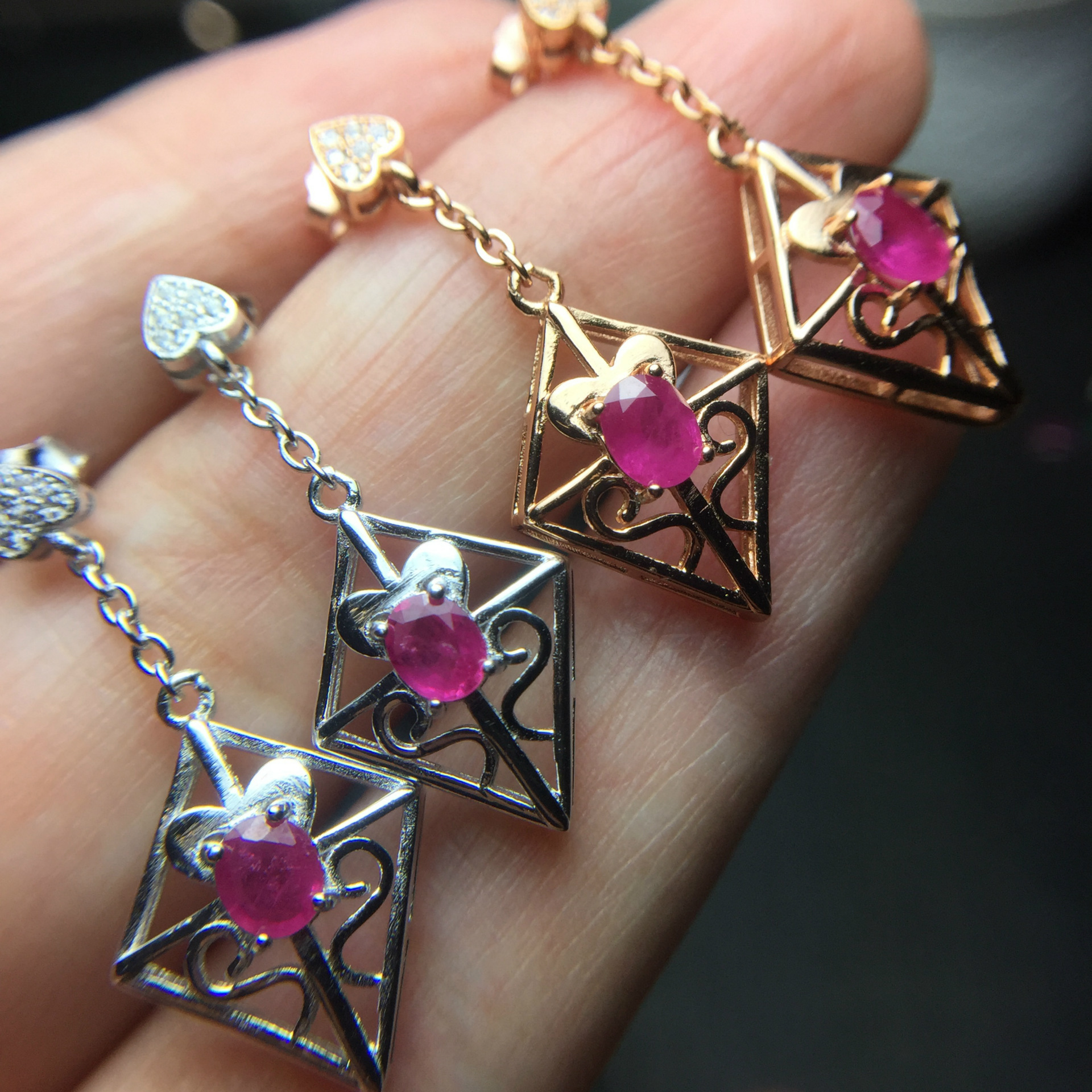 彩宝首饰 925银镶红宝石几何耳坠 菱形造型镶宝石耳饰 直销供应