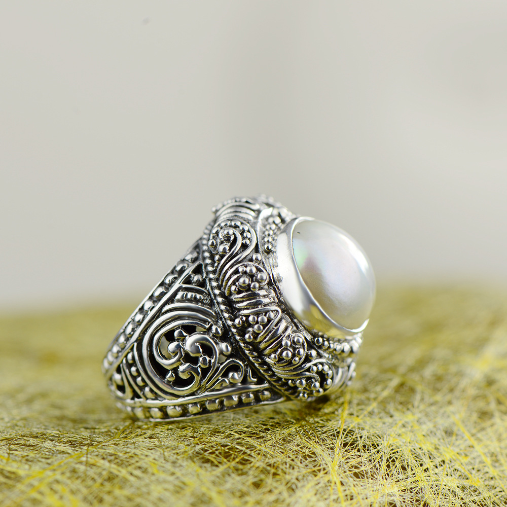 s925银珍珠戒指天然马贝珠精工泰银戒指个性大气男女款饰品批发