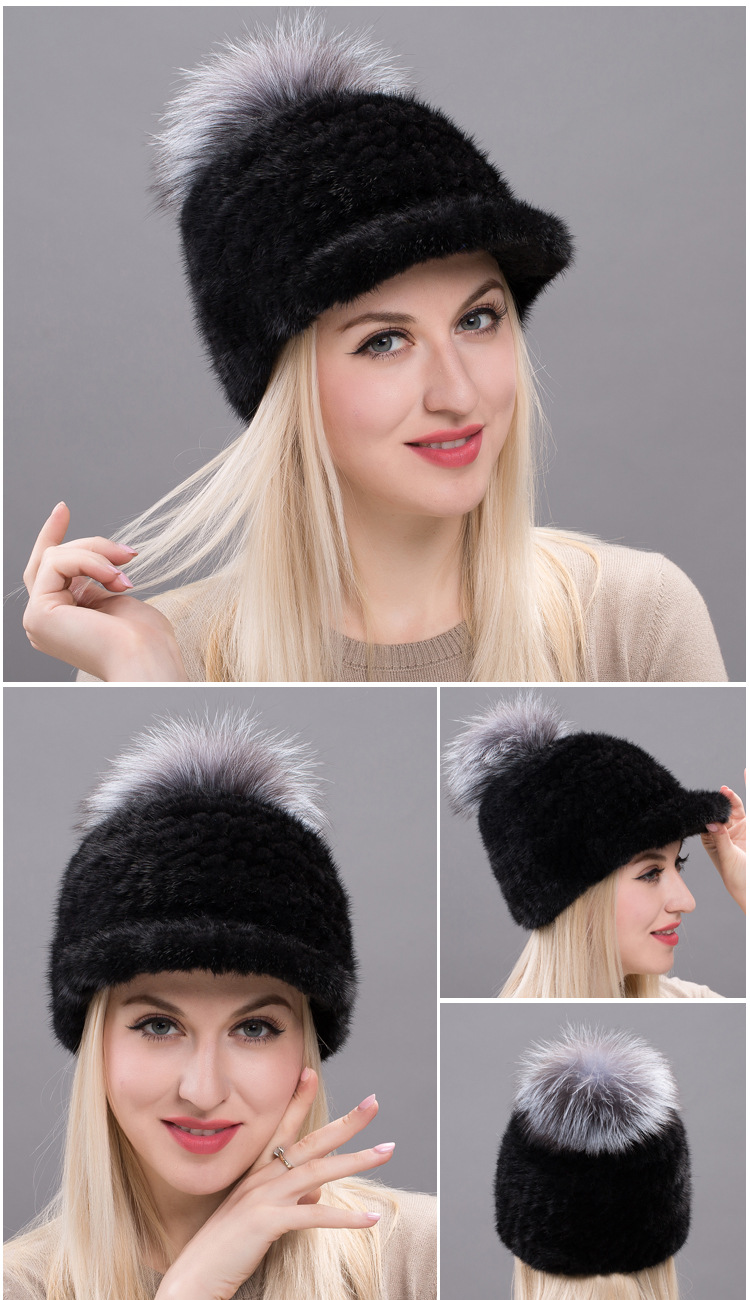 17欧美水貂编织帽子超大狐狸毛球加厚包头帽裘皮护耳保暖皮草帽子