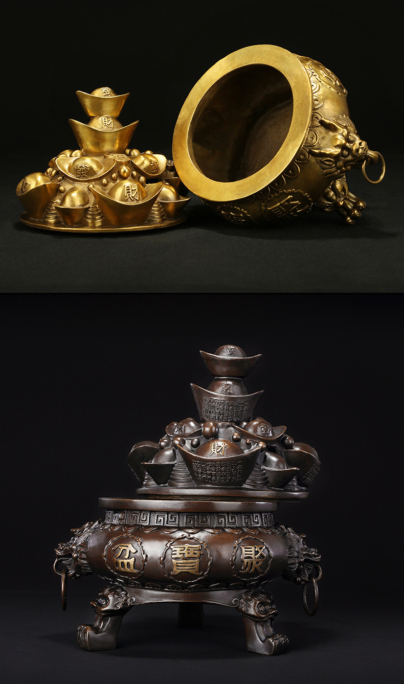 厂家批发纯铜聚宝盆摆件大号精工铜元宝聚宝盆家居装饰工艺品0064