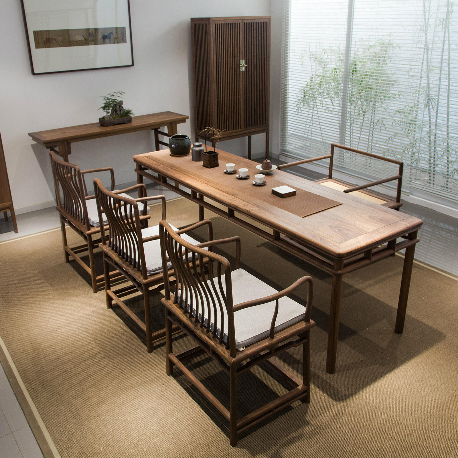 新中式黑胡桃茶桌长桌茶室家具茶桌胡桃木椅子组合