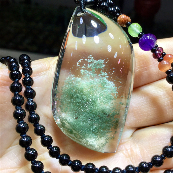 东海水晶天然绿幽灵聚宝盆原石随形平安无事牌吊坠
