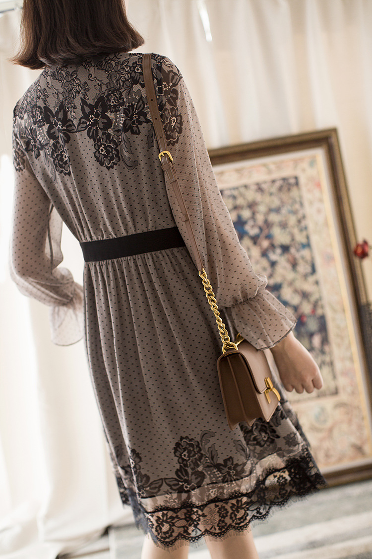 凤舞丝路 欧美高档法式优雅乔其纱长袖连衣裙真丝印花中长款a字裙