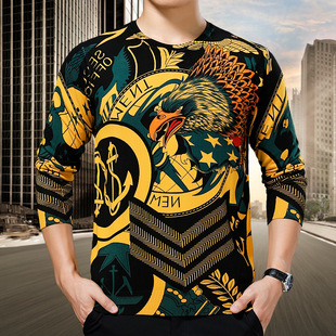 2017秋季新款男式长袖t恤直筒圆领印花青年时尚动物花衫一件代发