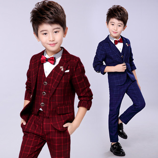 2018新品秋款儿童西装套装男童英伦花童礼服男孩格子小西服三件套