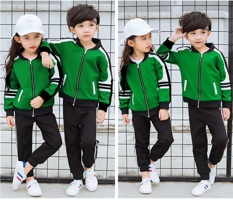 热销款中小学生校服绿色时尚儿童运动套装纯棉幼儿园园服棒球服潮