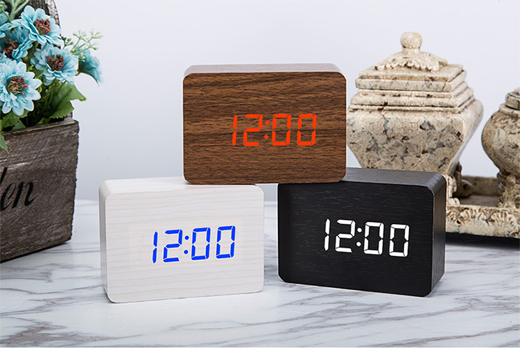 厂家供应创意环保木质闹钟 长方形led木头钟声控电子时间温度钟