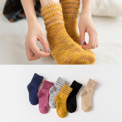 秋冬新品女袜 全棉罗口多层粗线纯色女士中筒袜 学院风百搭堆堆袜
