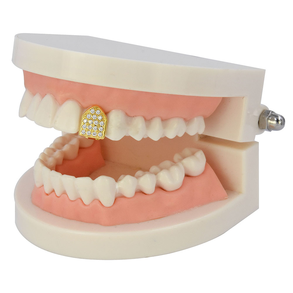 新款微镶锆石单颗金牙套 teeth grills rapper饰品嘻哈牙套厂家