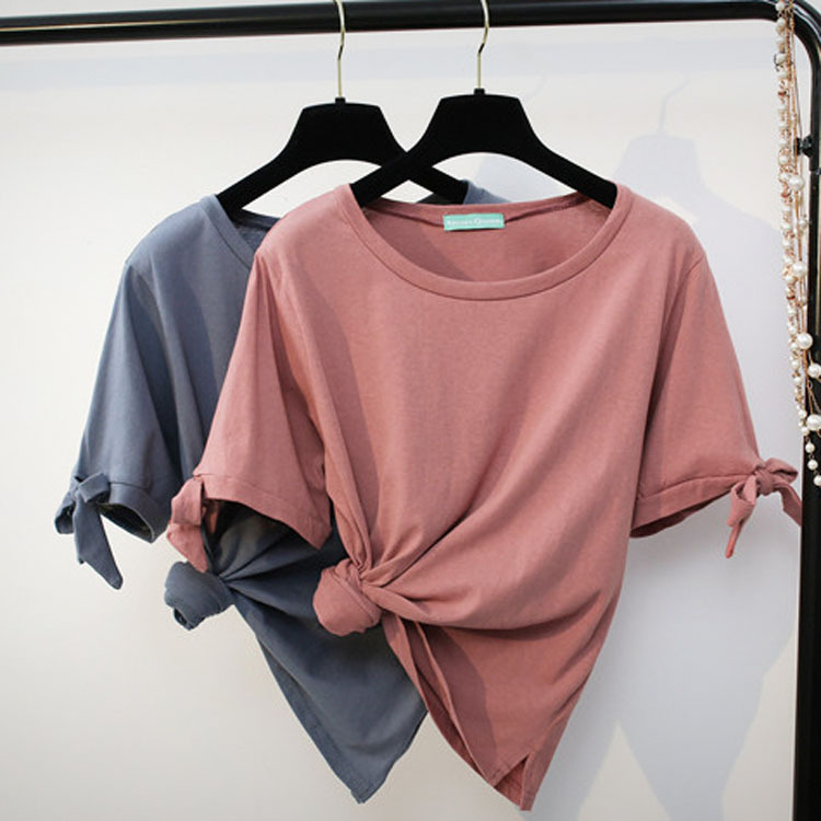 2017夏新款休闲百搭纯棉袖子绑带蝴蝶结短袖宽松圆领短袖t恤