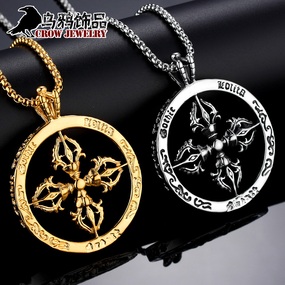 乌鸦工厂藏式民族风饰品十字金刚杵吊坠复古六字真言男士钛钢项坠