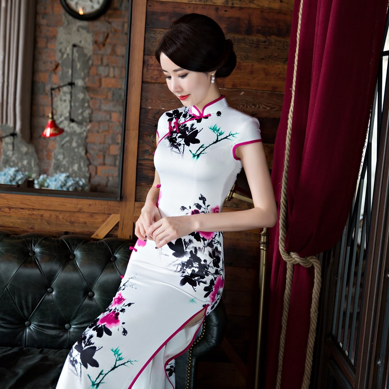 复古2017春夏改良新款长旗袍修身气质少女连衣裙日常性感大码印花