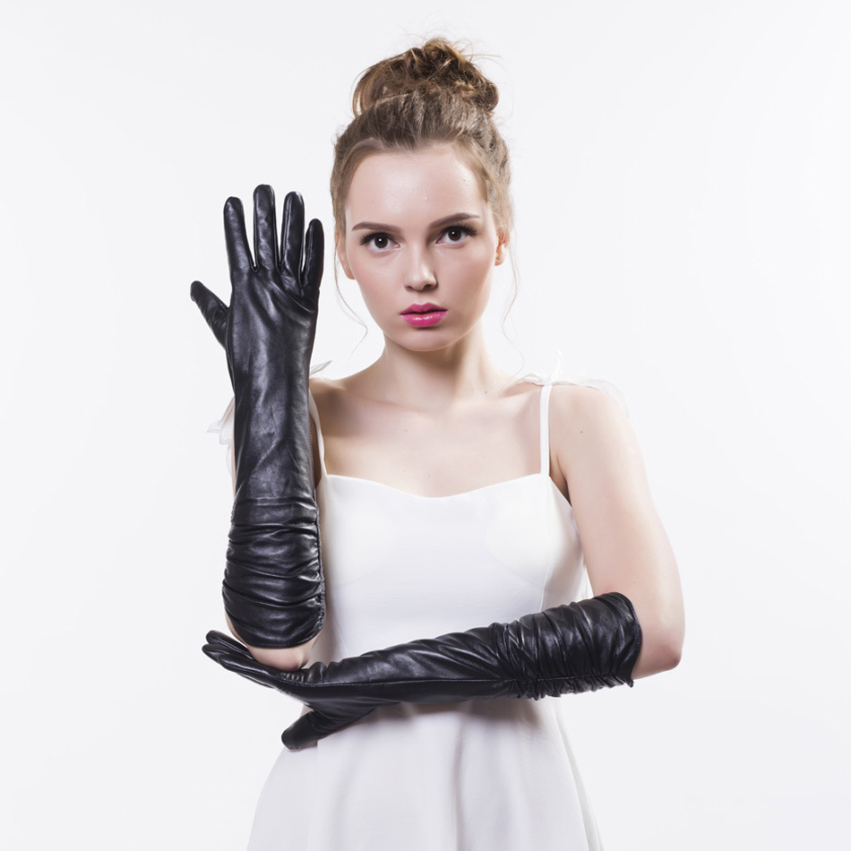 跨境新款女士真皮羊皮女士长款手套时尚秋冬保暖加绒中长款手套女