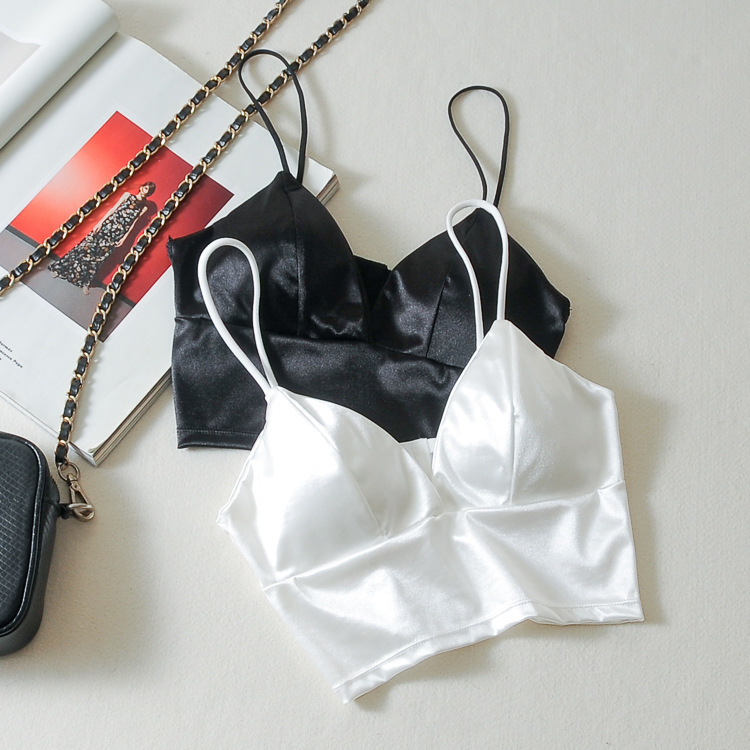 欧美细肩带性感抹胸裹胸聚拢深v小吊带上衣少女内衣带胸垫背心