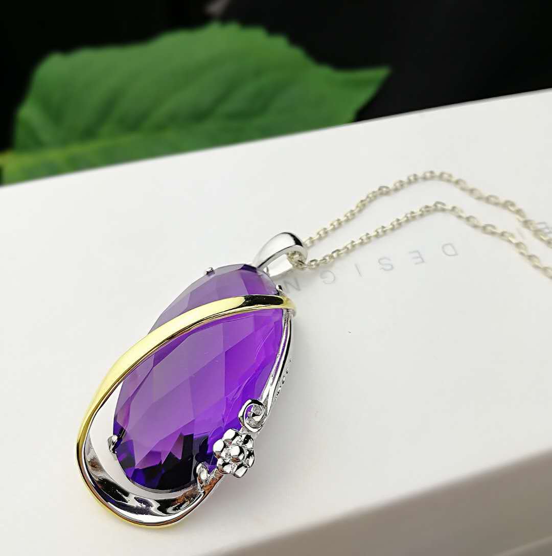 2019新品s925银时尚紫水晶绿水晶挂件项链奢华原创白水晶吊坠女款