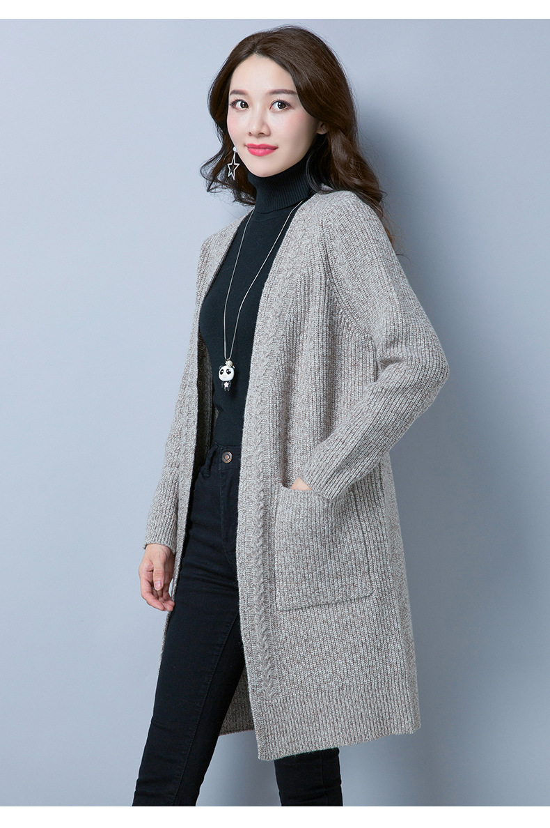 针织开衫女新款秋季2017中长款韩版宽松外搭纯色百搭毛衣外套