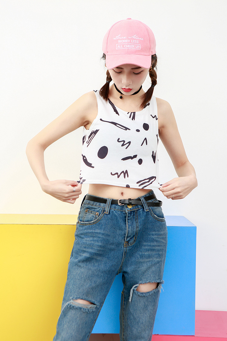 春季新款原宿风满身涂鸦印花修身打底学生女露腰背心女t3782