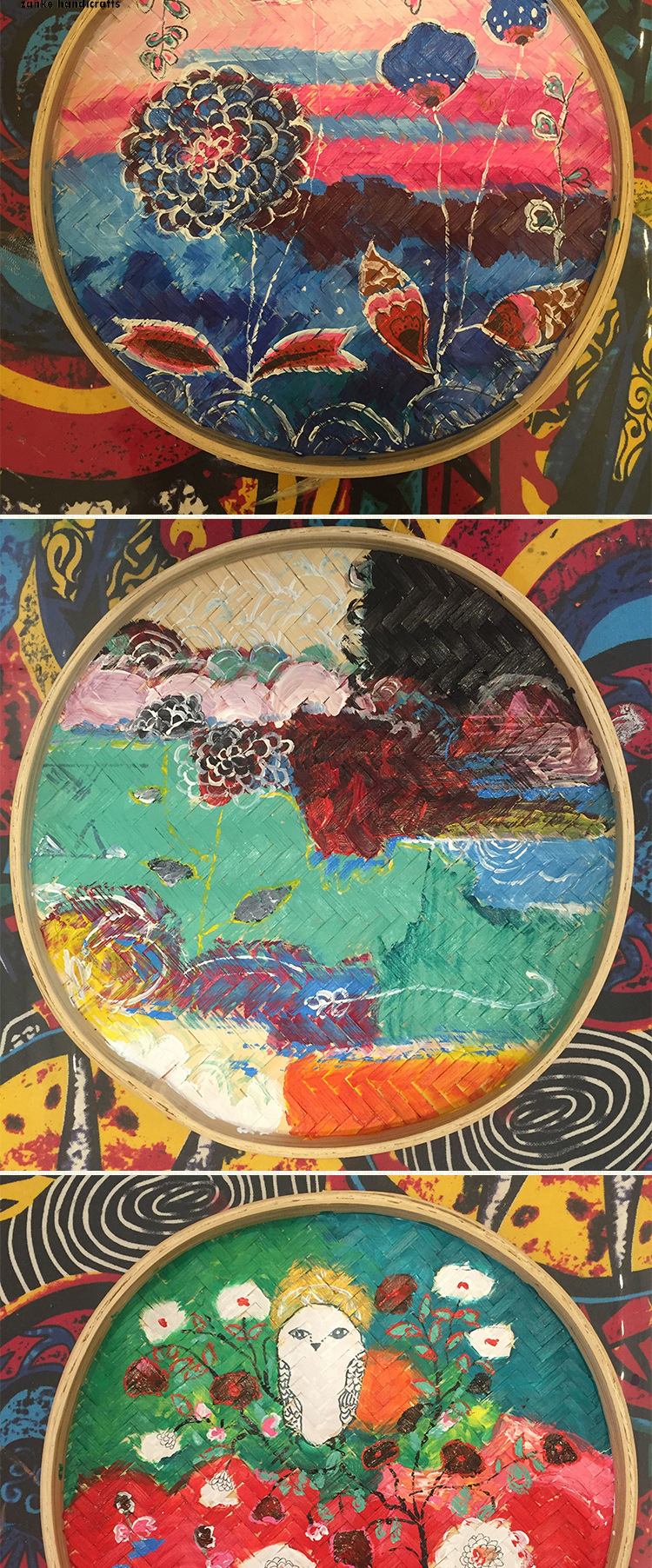 新款手工编织竹匾竹筛 竹编簸箕茶叶筛 创意绘画竹制品装饰批发