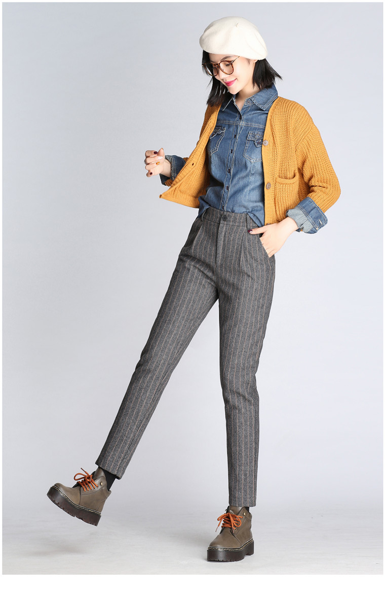 女士 秋冬保暖加厚羊毛竖条纹毛呢女裤子 休闲羊毛裤女九分裤8066